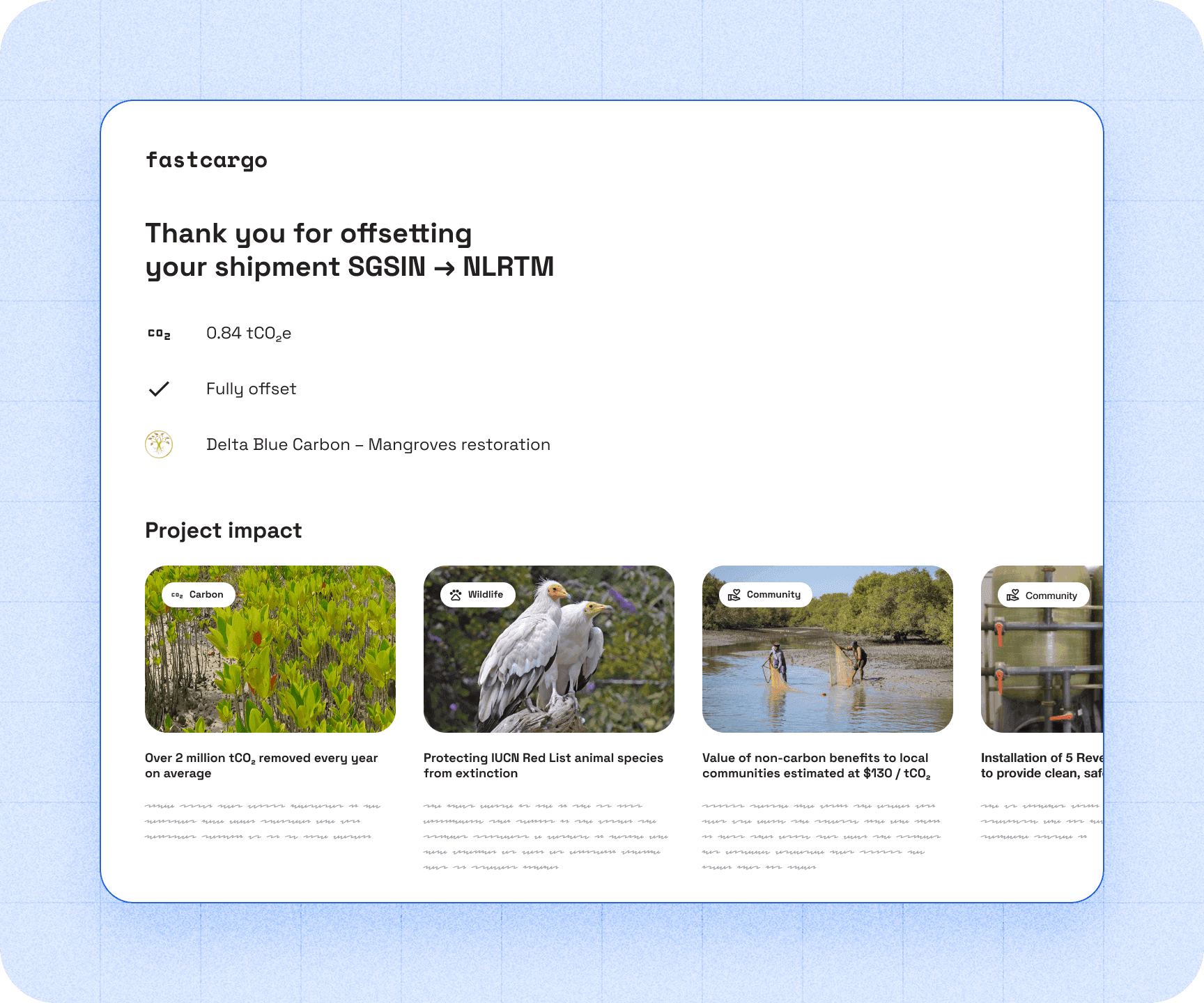 Lune's embedded carbon offsets & insets, for seamless carbon reduction in logistics.