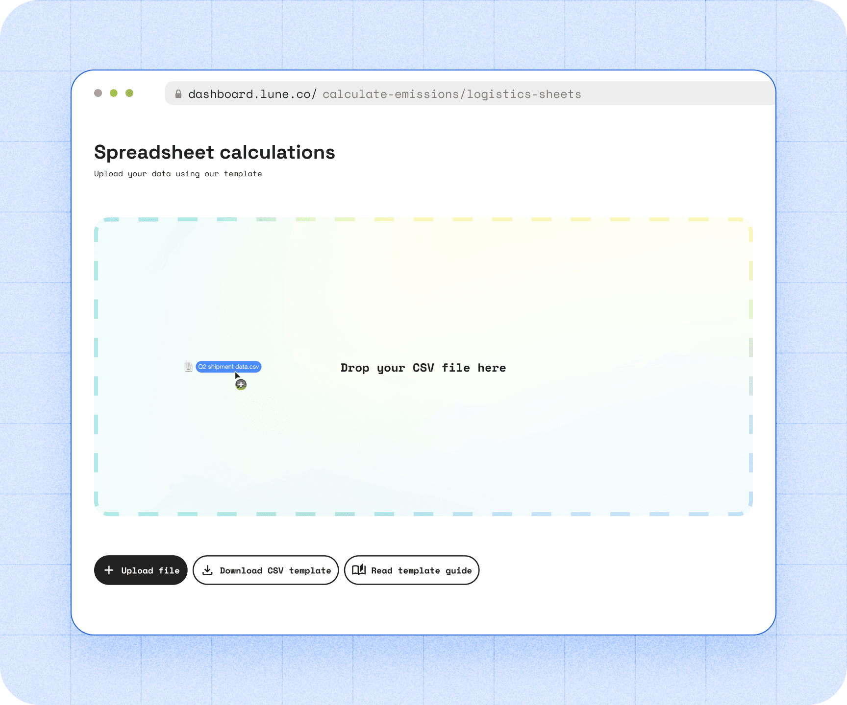 Lune's spreadsheet upload functionality, where users can automatically calculate CO2 emissions by uploading customer data.