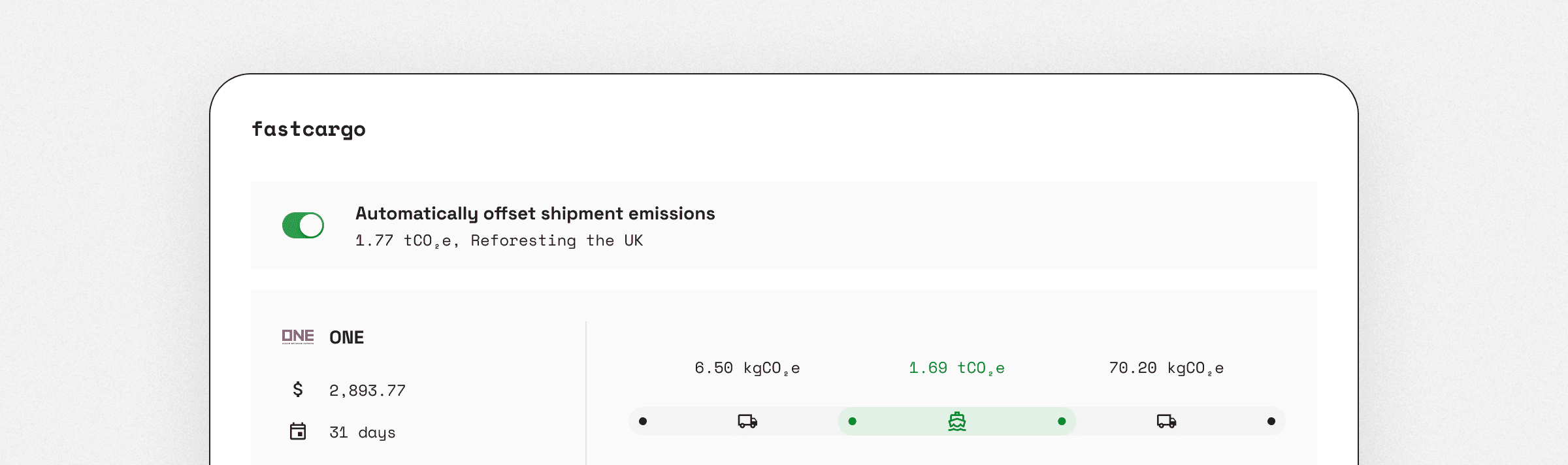 Lune's interface enabling automatic carbon offsetting for a shipment, helping to reduce carbon emissions in logistics.