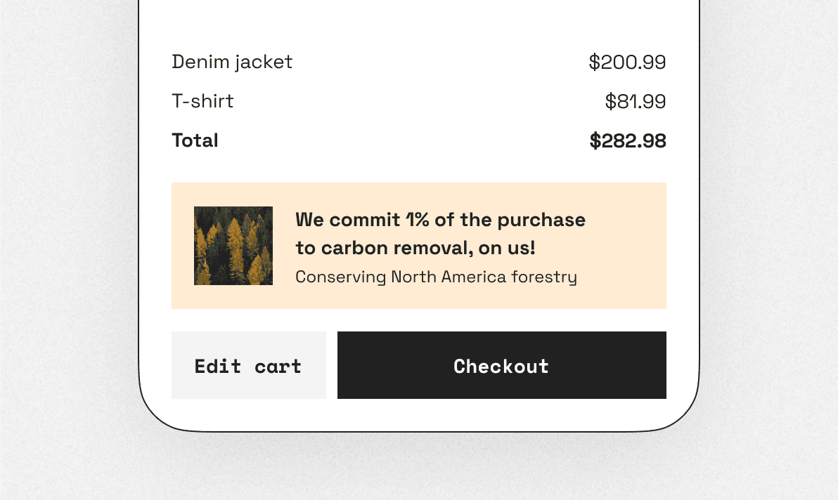 Checkout page with Lune's carbon offsetting solution, stating that 1% of the purchase is committed to carbon removal.